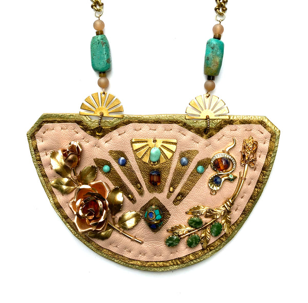 SHIELD NECKLACE : Brass Floral Mosaic, Ballet Pink