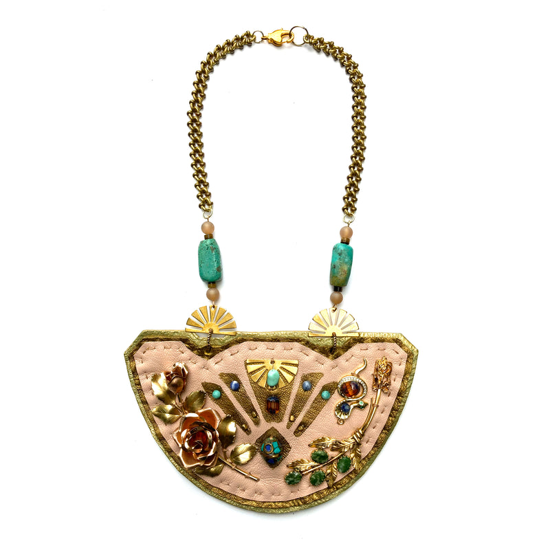 SHIELD NECKLACE : Brass Floral Mosaic, Ballet Pink