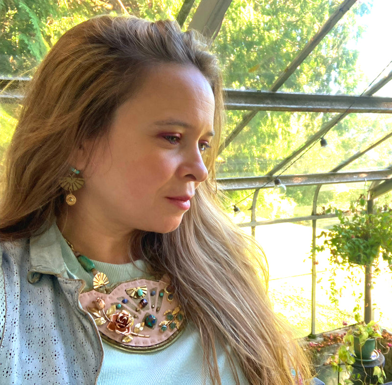 SHIELD NECKLACE : Brass Floral Mosaic, Ballet Pink