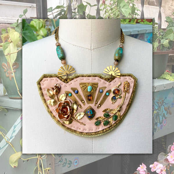 SHIELD NECKLACE : Brass Floral Mosaic, Ballet Pink